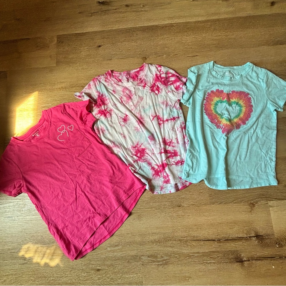 Girls Tie-Dye & Heart Graphic Tee Bundle - Pink, White, Aqua